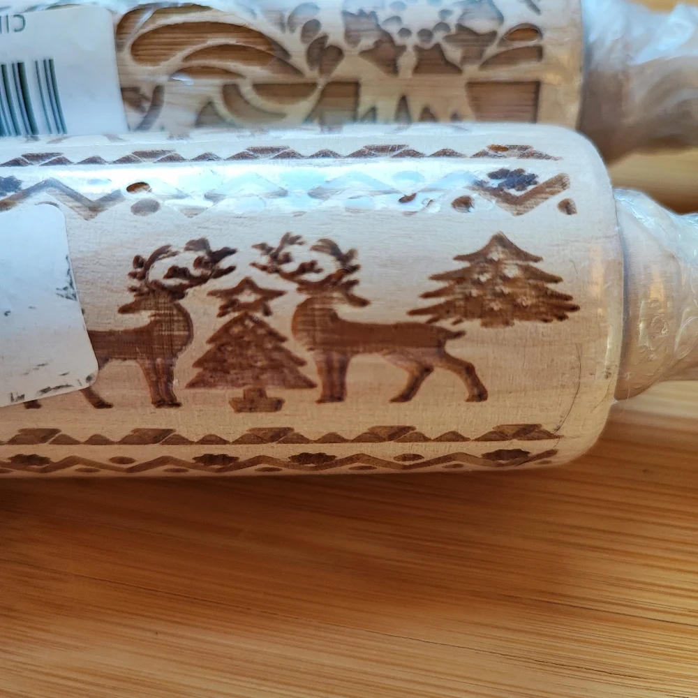 2 Wooden Christmas Holiday Embossed Rolling Pins Reindeer Trees Scroll Pattern